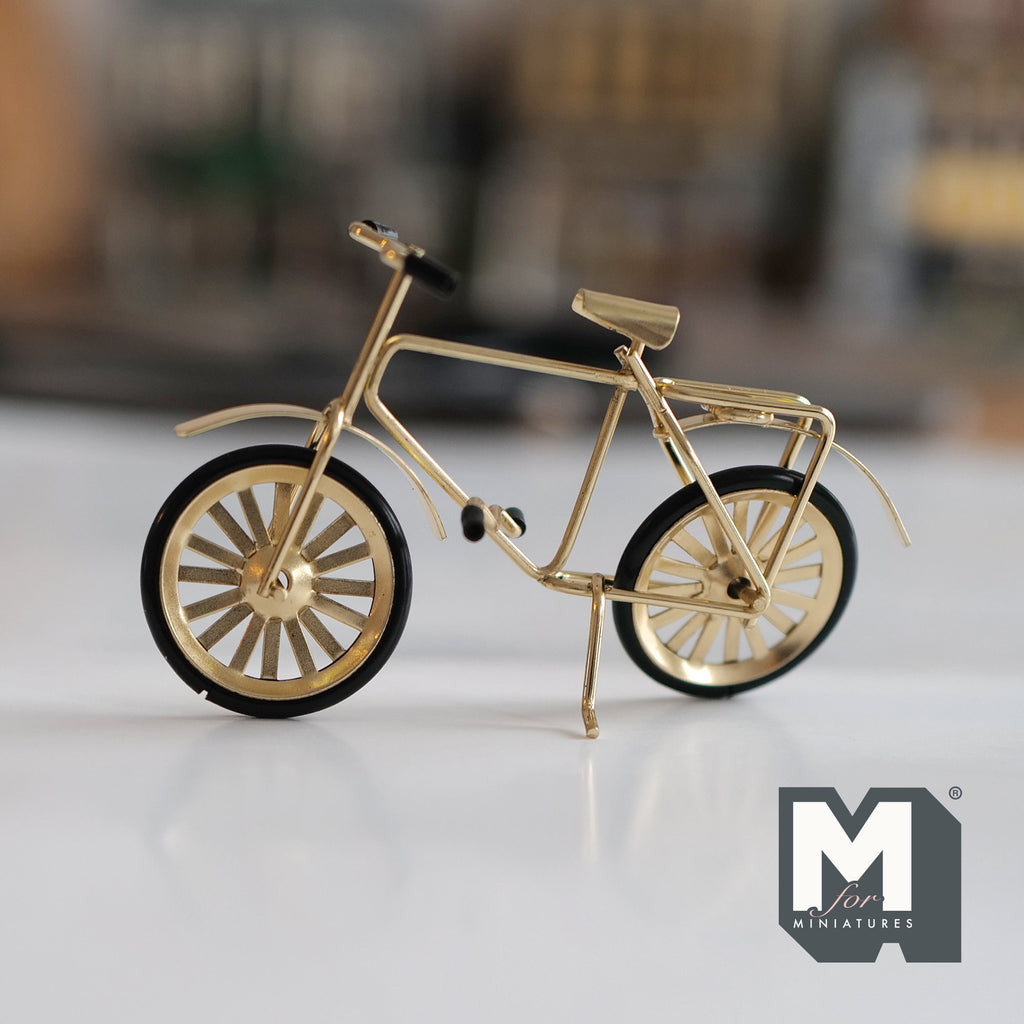 1:12 Scale Miniature Metal Kid's Bicycle with Spoked Wheels, 3-9/16 inch long, DIY Dollhouse Supply (gold)
