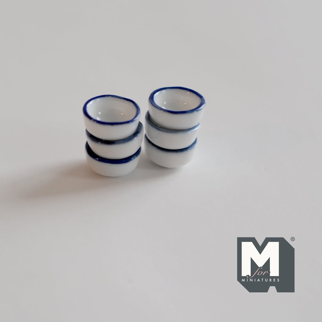 1:12 Scale Miniature White Ceramic Bowls with Blue Rim, Set of 6, 9/16 inch dia., DIY Dollhouse Supply