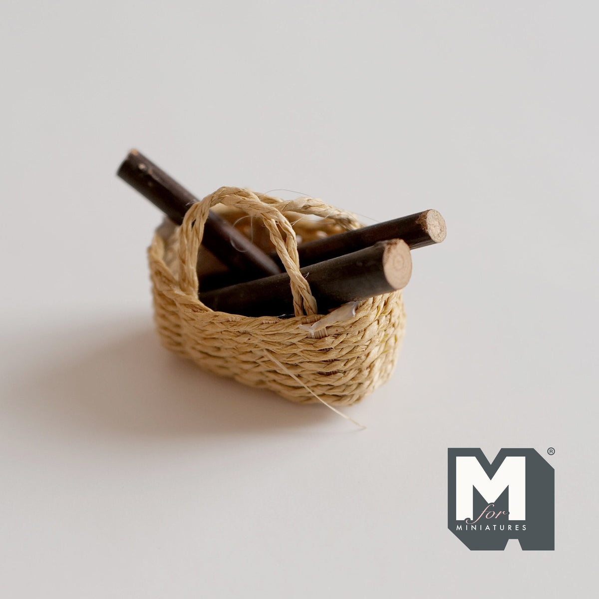 1:12 Scale Miniature Rope Log Basket with Fire Logs, 2-7/16 inch long, DIY Dollhouse Supply