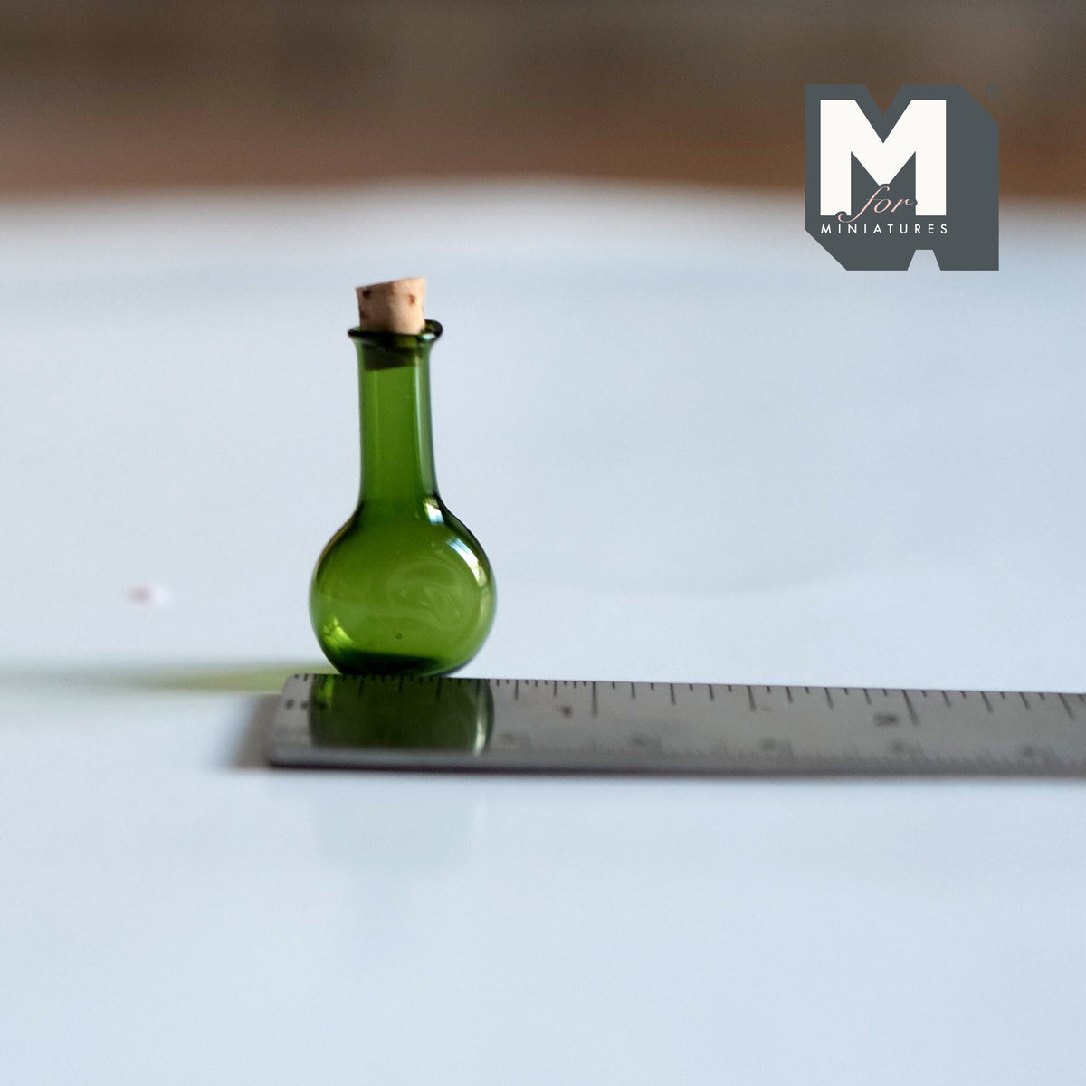 1:12 Scale Miniature Green Glass Corked Bottle, Flat Sided, 1-3/16 inch tall, DIY Dollhouse Supply