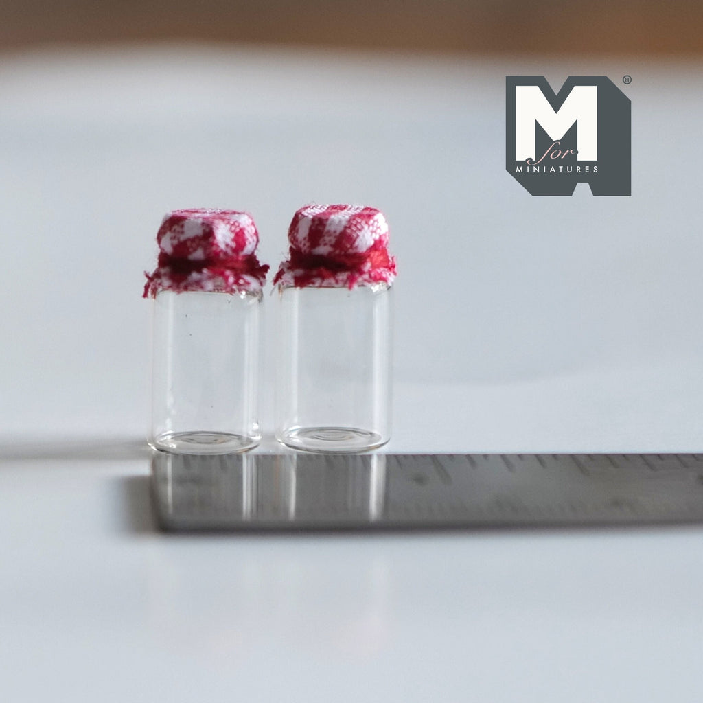 1:12 Scale Miniature Glass Jars with Checked Fabric Lids, Set of 2, 7/8 inch tall, DIY Dollhouse Supply