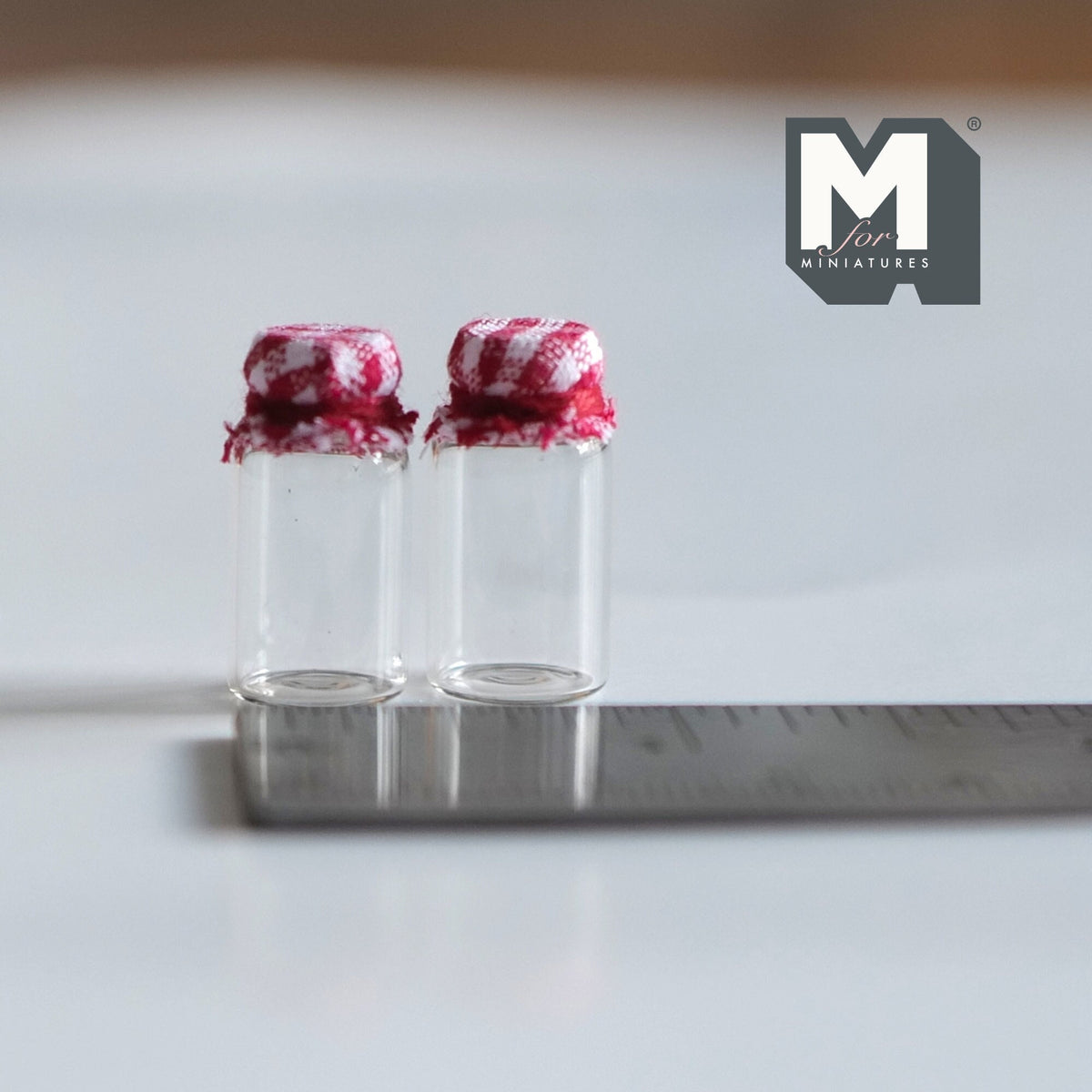 1:12 Scale Miniature Glass Jars with Checked Fabric Lids, Set of 2, 7/8 inch tall, DIY Dollhouse Supply