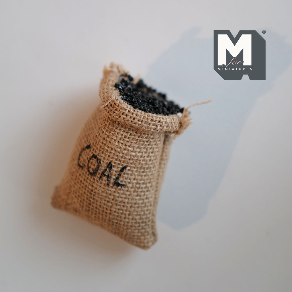 1:12 Scale Miniature Burlap Sack of Coal, Large, Open Top, 2-13/16 inch tall, DIY Dollhouse Supply (filled with sand)