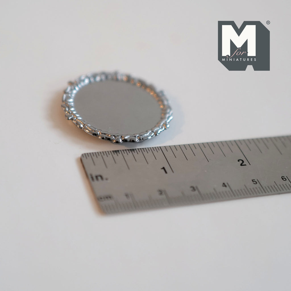 1:12 Scale Miniature Metal Round Tray, Raised Patterned Rim, 1-7/16 inch dia., DIY Dollhouse Supply (silver)
