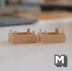 1:12 scale miniature unpainted wood stackable crates, set of 2 with slatted sides, shown side by side on a counter