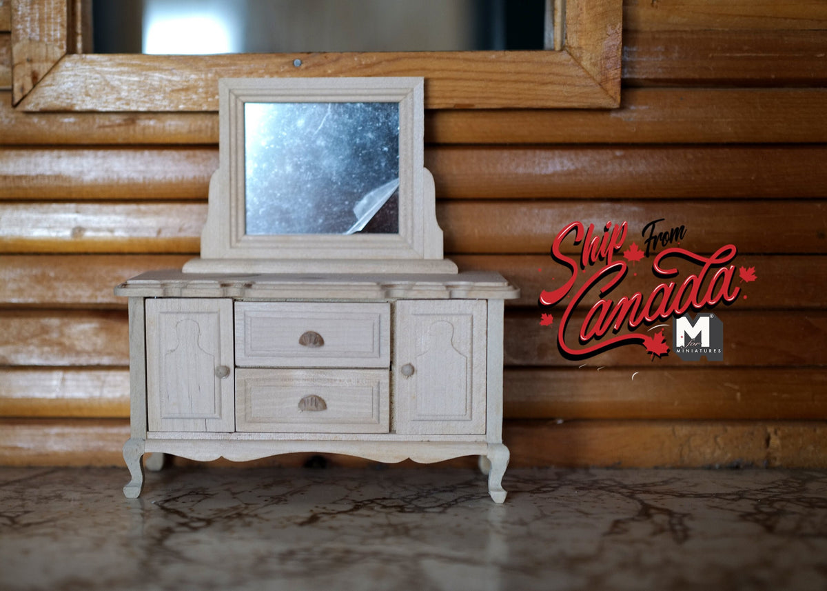 Unpainted miniature wooden dresser and mirror 1:12 scale dollhouse furniture dresser with swing door and 2 drawers - I001