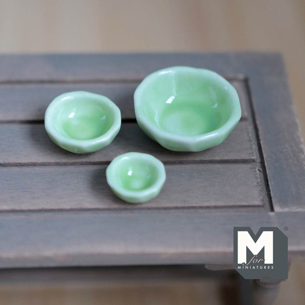 1:12 Scale Miniature Ceramic Bowls, Set of 3, 1-1/2 inch wide, DIY Dollhouse Supply (green)