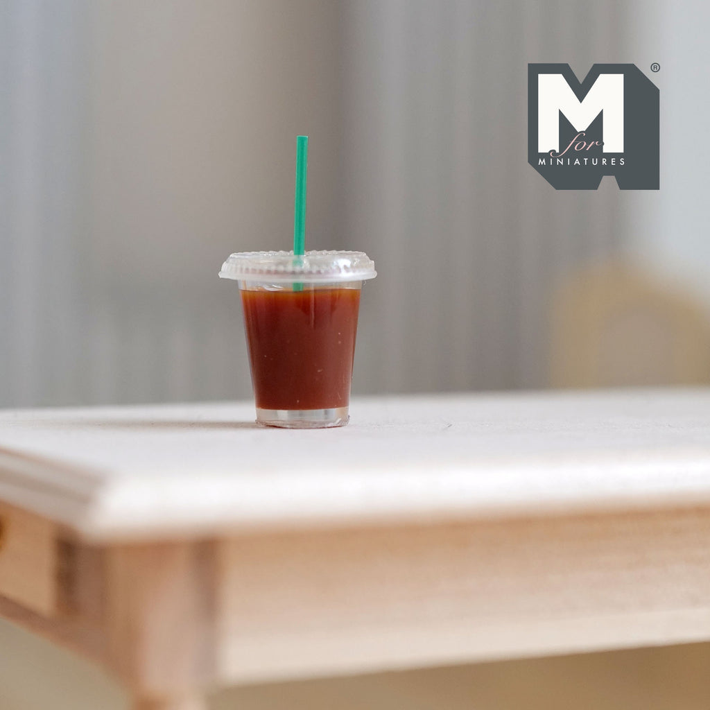 1:6 Scale Miniature Iced Coffee Cup with Lid and Straw, 9/16 inch tall, DIY Dollhouse Supply