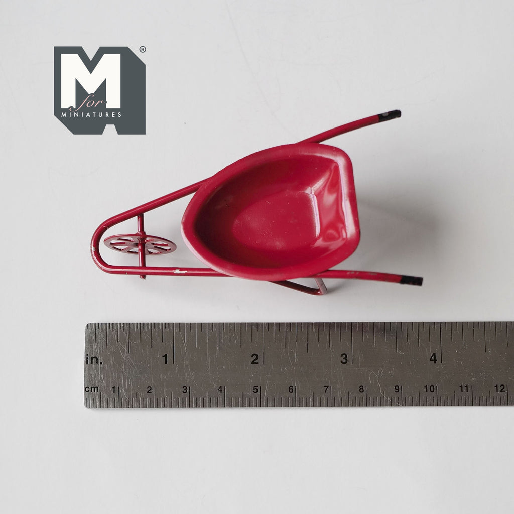 1:12 Scale Miniature Metal Wheelbarrow, Single Wheel, 3-11/16 inch long, DIY Dollhouse Supply (red)