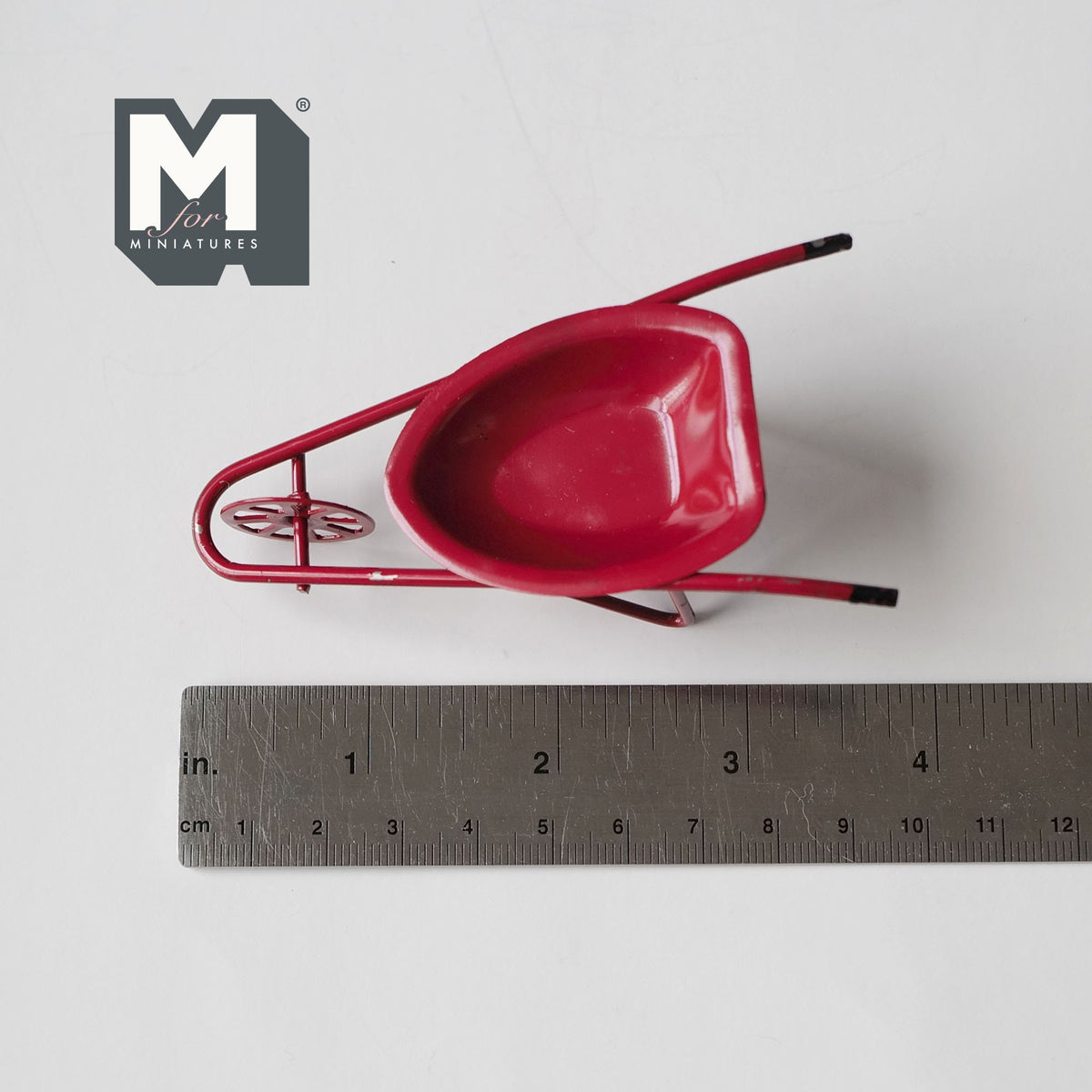 1:12 Scale Miniature Metal Wheelbarrow, Single Wheel, 3-11/16 inch long, DIY Dollhouse Supply (red)