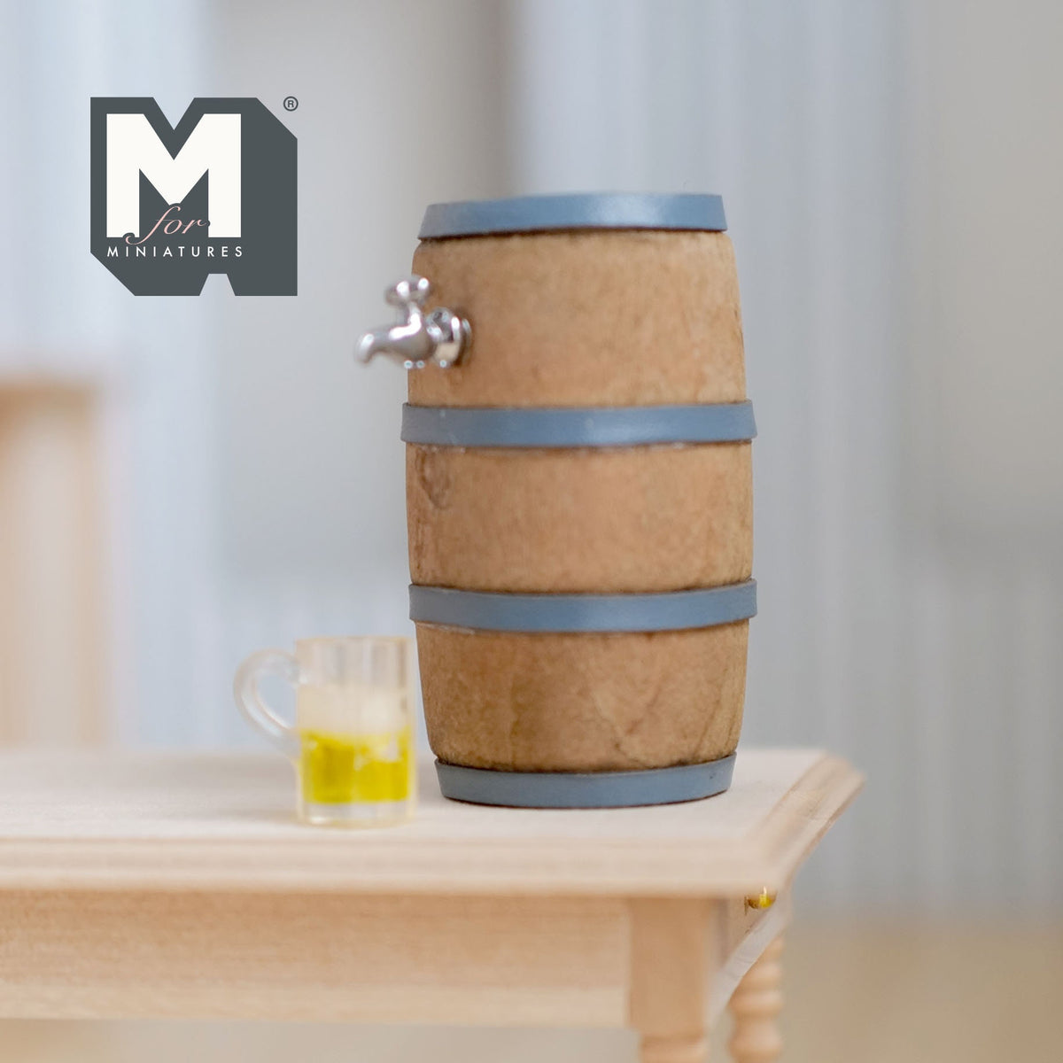 1:12 Scale Miniature Wood Beer Barrel with Tap and Mug of Beer, Set of 2, 1-15/16 inch tall, DIY Dollhouse Supply