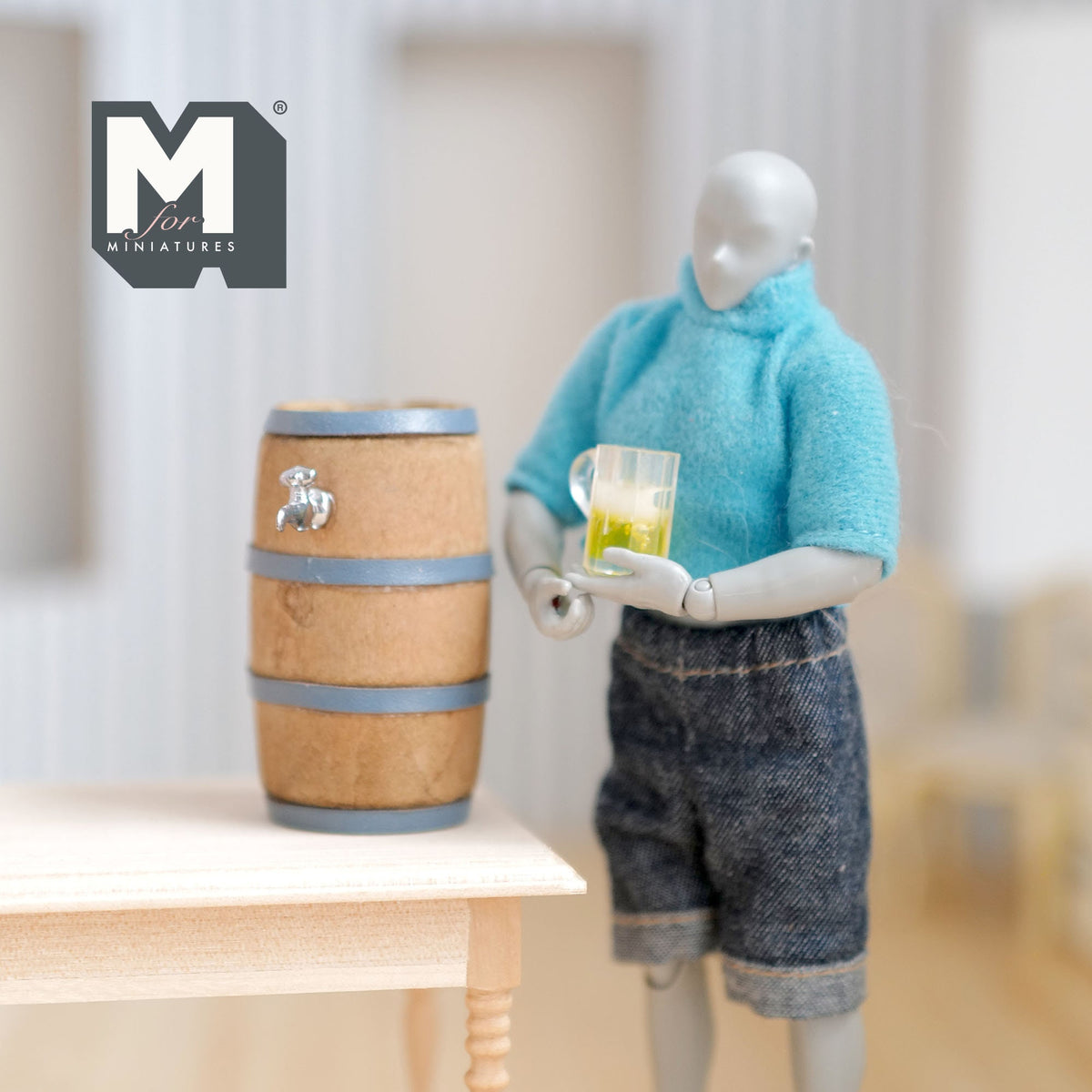 1:12 Scale Miniature Wood Beer Barrel with Tap and Mug of Beer, Set of 2, 1-15/16 inch tall, DIY Dollhouse Supply