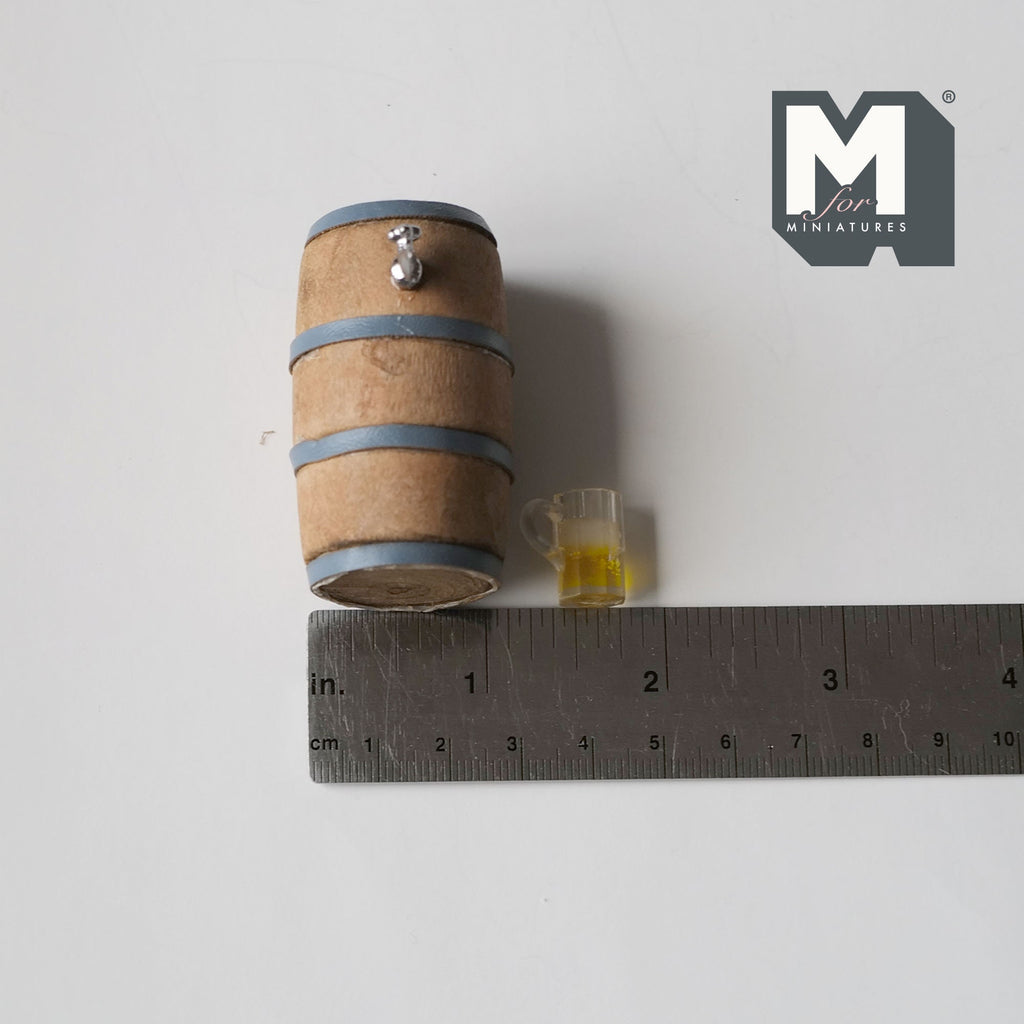 1:12 Scale Miniature Wood Beer Barrel with Tap and Mug of Beer, Set of 2, 1-15/16 inch tall, DIY Dollhouse Supply