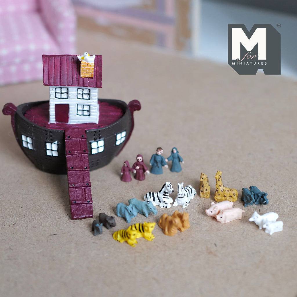 1:12 Scale Miniature Noah's Ark with a Family of 4 and 9 Pairs of Animals Dollhouse Decoration Boat (cast resin) - B084