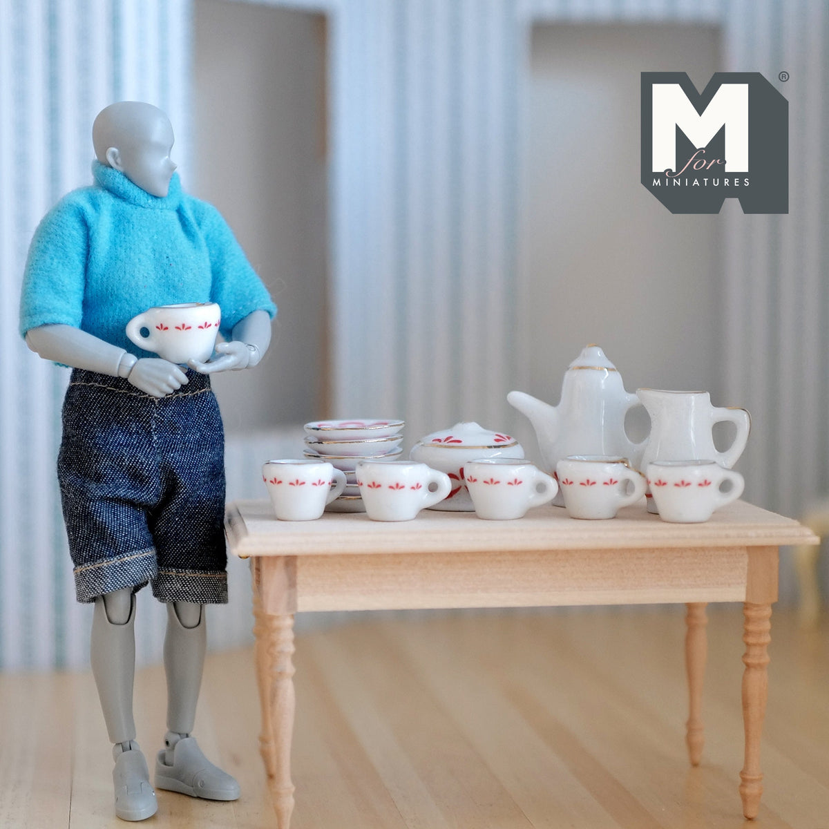 1:12 Scale Miniature Porcelain Tea Set with Leaf Pattern, 15 Pieces, 1-5/16 inch tall, DIY Dollhouse Supply