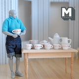Dollhouse Supplies miniature porcelain ceramic teapot and cups 15 piece set leaves - A054