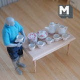 Dollhouse Supplies miniature porcelain ceramic teapot and cups 15 piece set leaves - A054