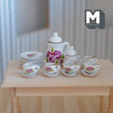 Dollhouse miniature porcelain ceramic teapot and cups 15 piece set flowers and leaves- A063