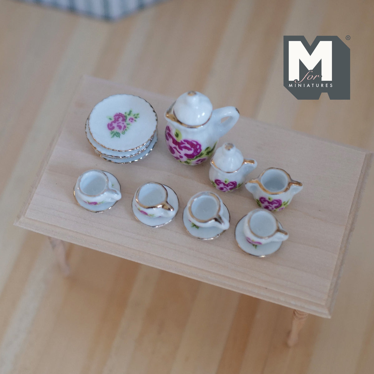 1:12 Scale Miniature Porcelain Tea Set, Red and Pink Flowers with Leaves, Set of 15, DIY Dollhouse Supply