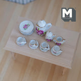 Dollhouse miniature porcelain ceramic teapot and cups 15 piece set flowers and leaves- A063