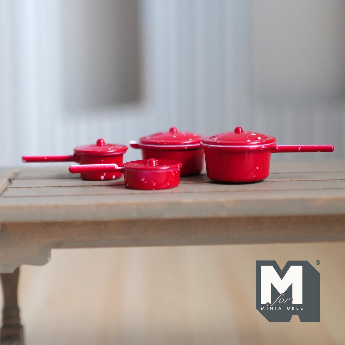 1:12 Scale Miniature Metal Cooking Pots, Speckled Enamel Style, Set of 4, 1-5/8 inch long, DIY Dollhouse Supply (red)