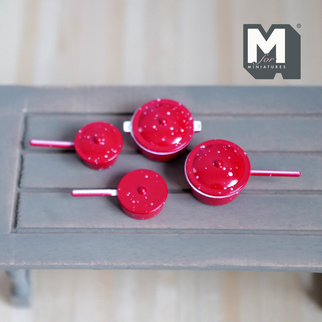 1:12 Scale Miniature Metal Cooking Pots, Speckled Enamel Style, Set of 4, 1-5/8 inch long, DIY Dollhouse Supply (red)