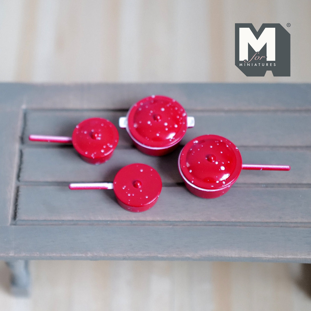 1:12 Scale Miniature Metal Cooking Pots, Speckled Enamel Style, Set of 4, 1-5/8 inch long, DIY Dollhouse Supply (red)