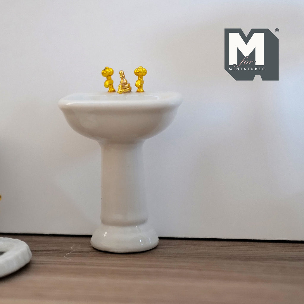 1:12 Scale Miniature Bathroom Set, Clawfoot Tub, Pedestal Sink, High Tank Toilet and Oval Mirror, Set of 4, DIY Dollhouse Supply