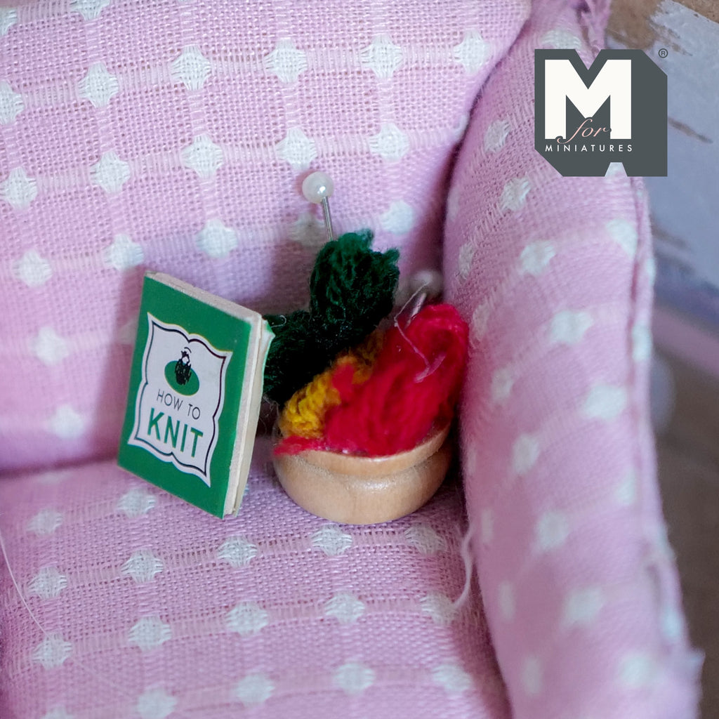 1:12 Scale Miniature Knitting Basket with Yarn, Needles and Book, 13/16 inch tall, DIY Dollhouse Supply