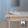 1:12 scale miniature wood serving tray with clear glass cover dome, small, 2 pieces, shown on a wood table