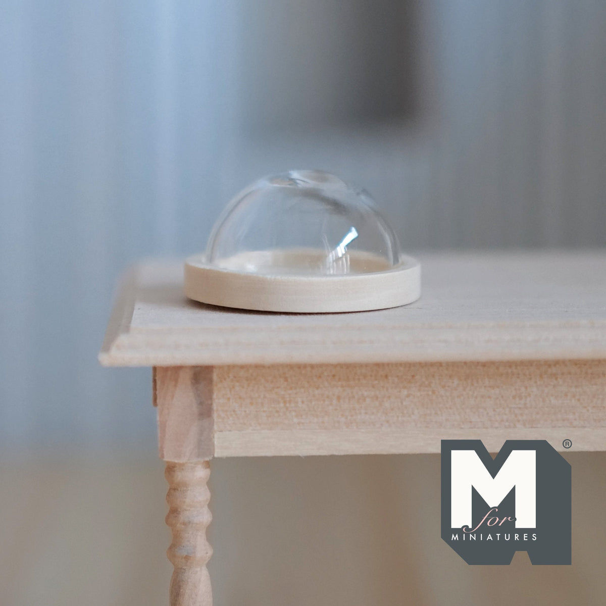 1:12 scale miniature wood serving tray with clear glass cover dome, small, 2 pieces, shown on a wood table