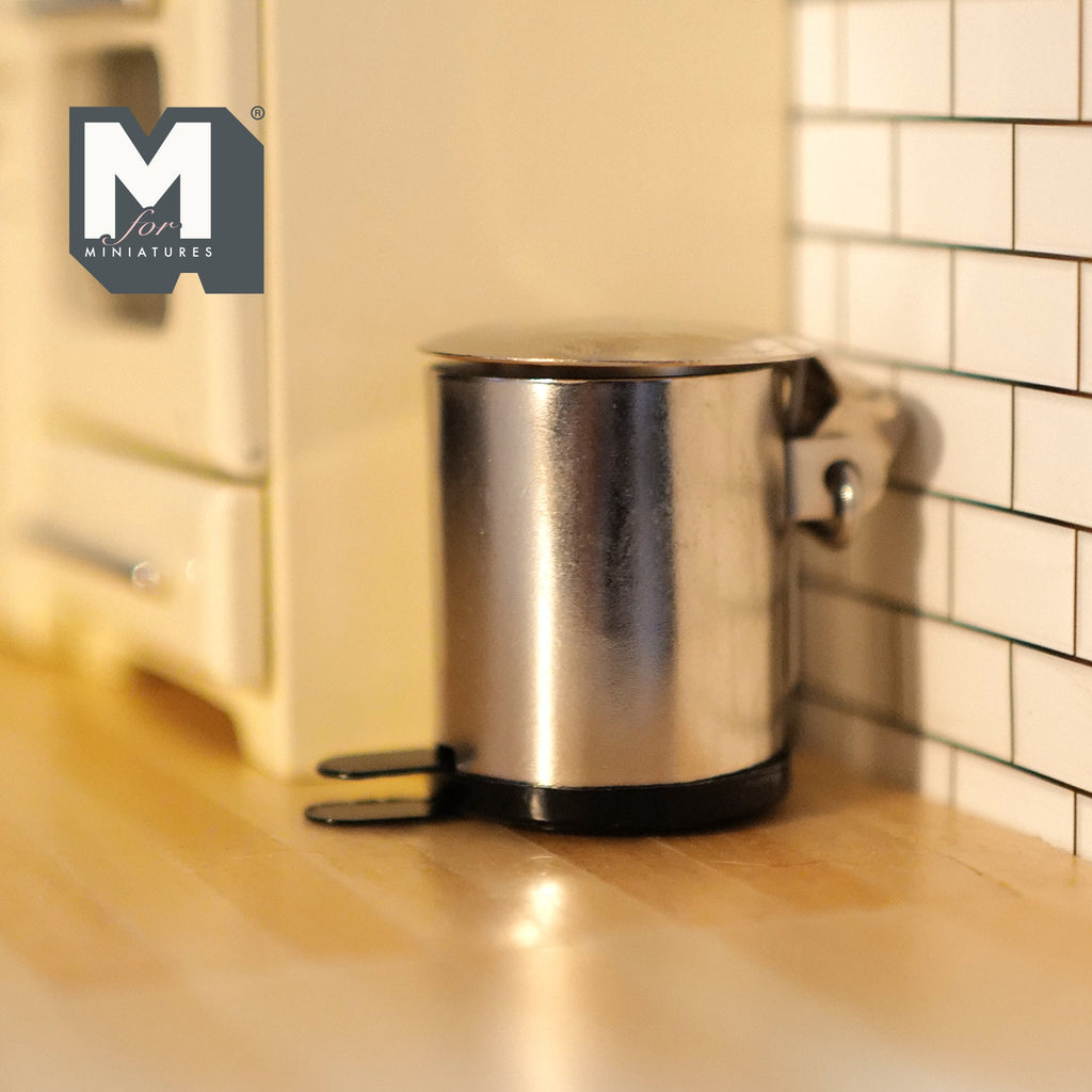 1:12 Scale Miniature Stainless Steel Pedal Trash Bin with Opening Lid, 1-3/8 inch tall, DIY Dollhouse Supply