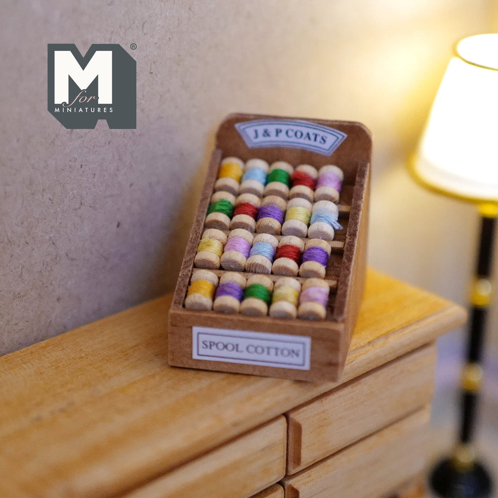 1:12 Scale Miniature Wood Spool Stand with Sewing Thread, 3-1/8 inch tall, DIY Dollhouse Supply