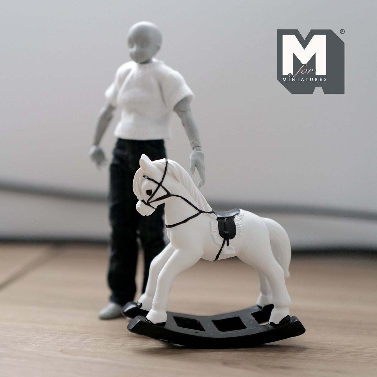 1:12 Scale Miniature Rocking Horse, Black Saddle, 3-1/16 inch tall, DIY Dollhouse Supply (cast resin) (white)