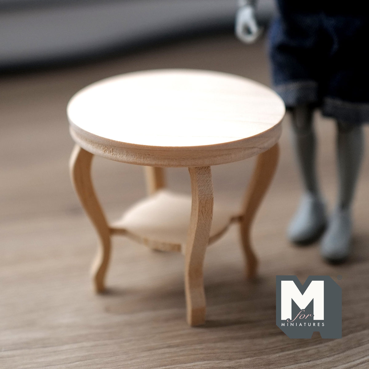 1:12 Scale Miniature Unpainted Wood Round Side Table, Cabriole Legs, Lower Shelf, 2-3/8 inch dia., DIY Dollhouse Supply