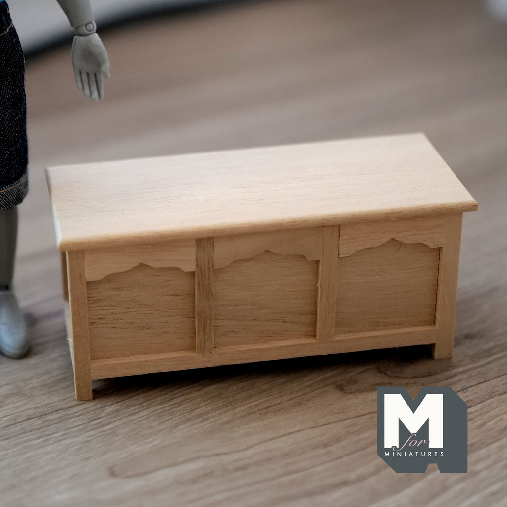 1:12 Scale Miniature Unpainted Wood Blanket Chest, 3 Panel Front, 3-7/8 inch long, DIY Dollhouse Supply
