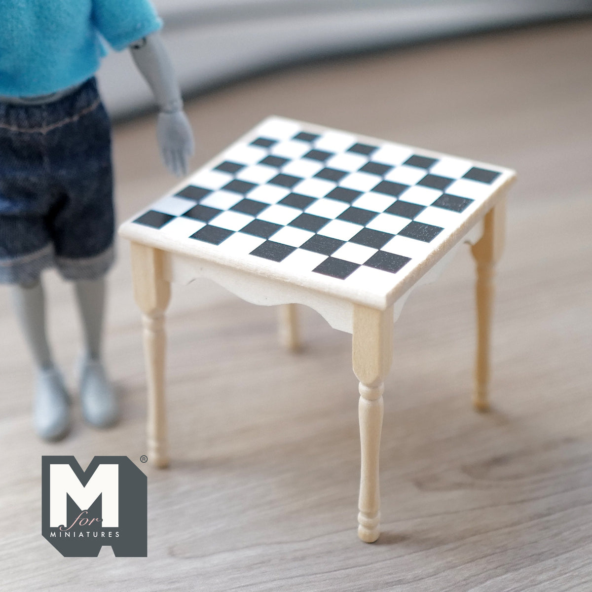 1:12 Scale Miniature Wood Checkerboard Table, Square Top, 2-5/8 inch tall, DIY Dollhouse Supply