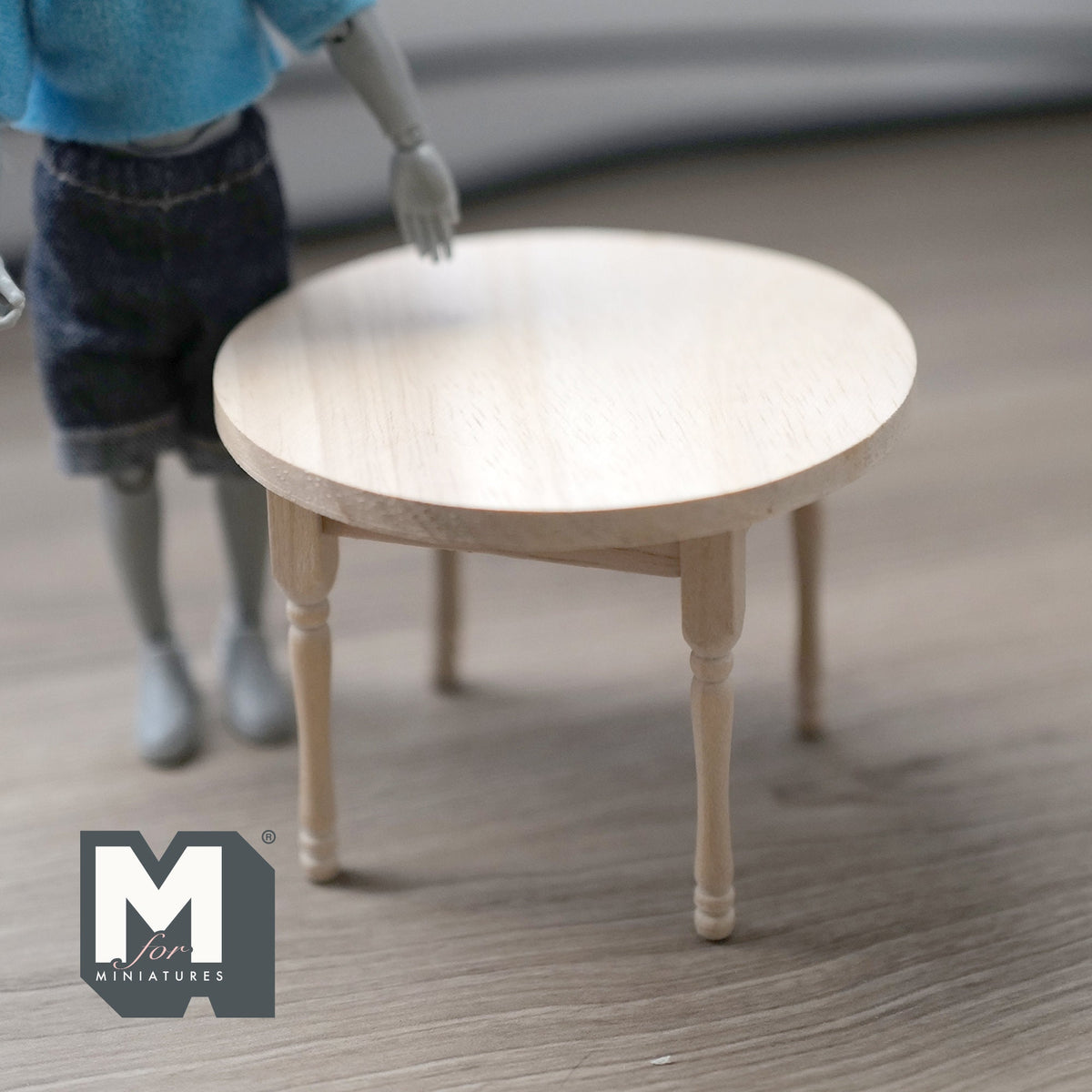 1:12 Scale Miniature Unpainted Wood Round Dining Table, Turned Legs, 3-9/16 inch dia., DIY Dollhouse Supply
