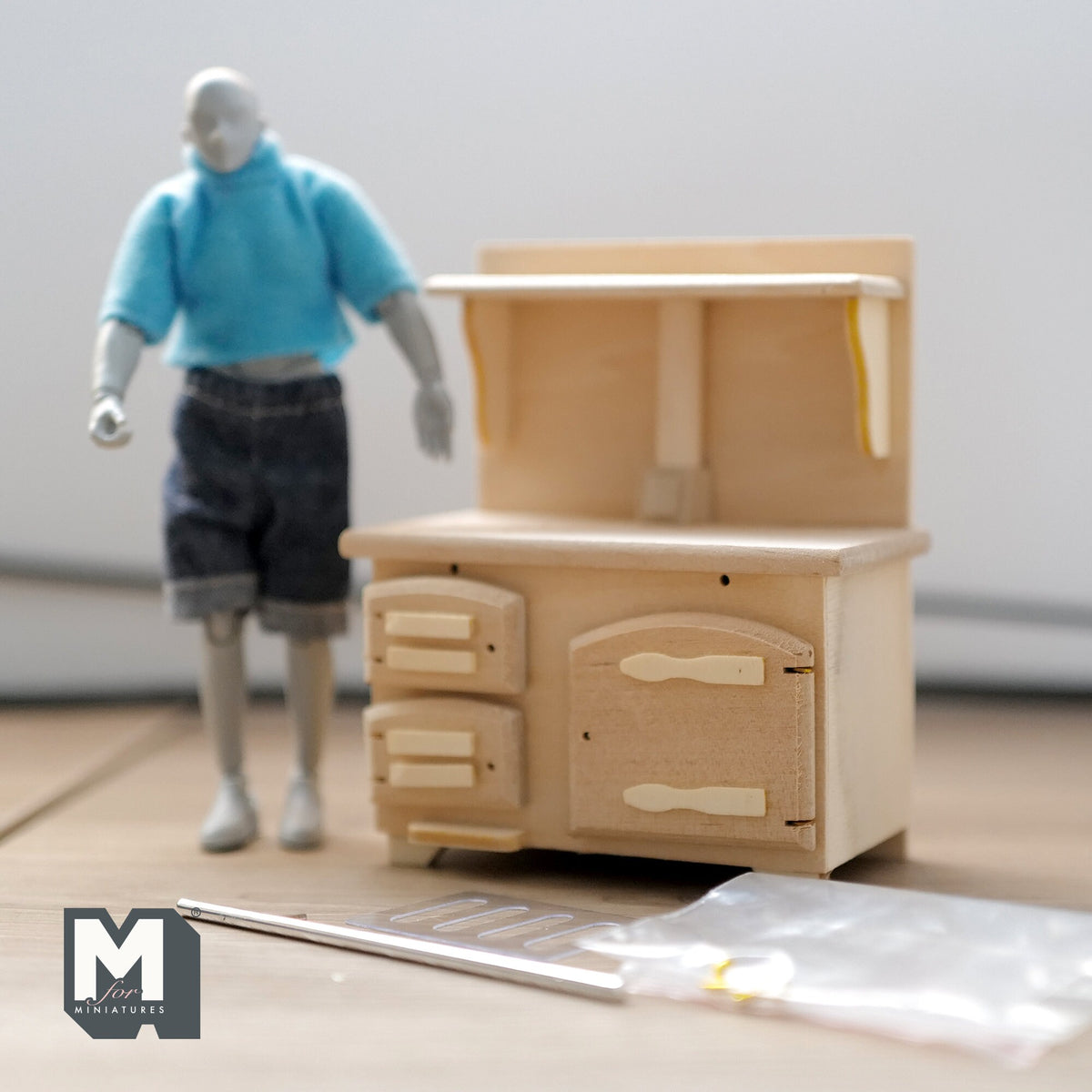 1:12 Scale Miniature Dollhouse Unpainted Wood Kitchen Range Stove with Short Chimney, 4-1/2 inch tall