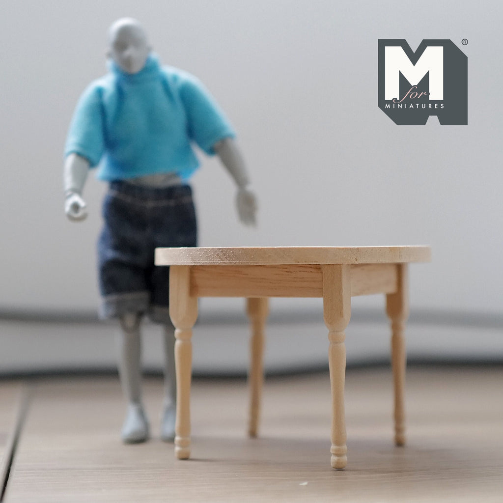 1:12 Scale Miniature Unpainted Wood Round Dining Table, Turned Legs, 3-9/16 inch dia., DIY Dollhouse Supply