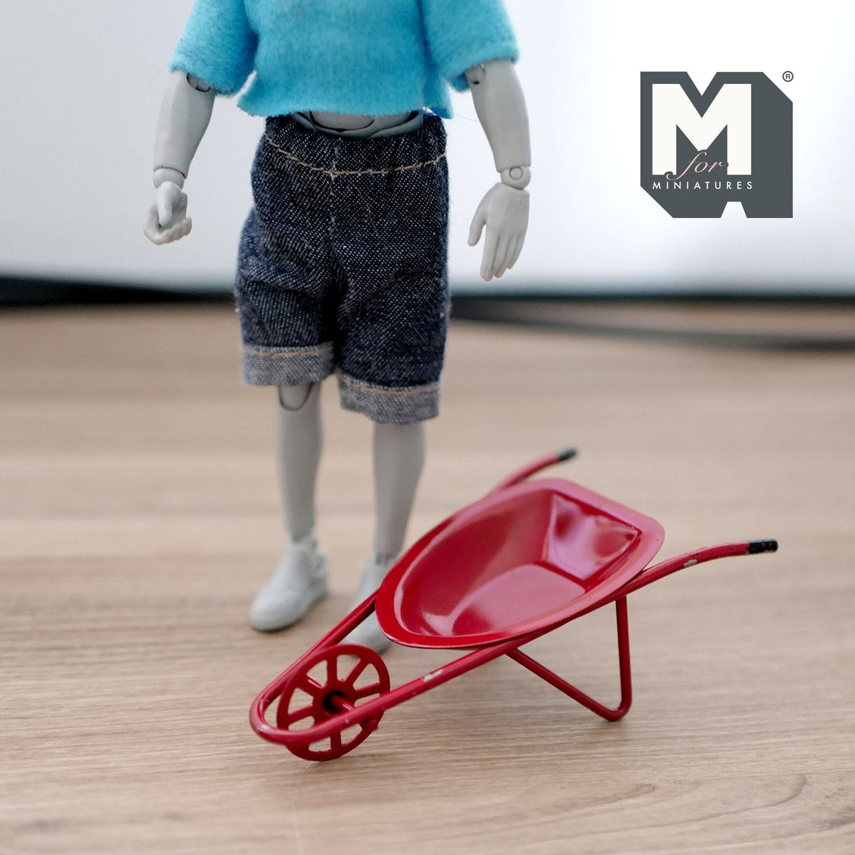 1:12 Scale Miniature Metal Wheelbarrow, Single Wheel, 3-11/16 inch long, DIY Dollhouse Supply (red)