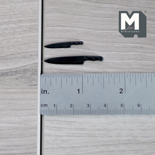 1:12 Scale Miniature Chef and Slicing Knives, Set of 2, 1-7/16 inch long, DIY Dollhouse Supply (black)
