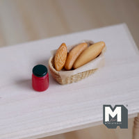 Miniature Bread Fruit Jam and Rope Basket Set of 5 , 1:12 Scale Dollhouse Food Decoration Buns and Basket (plastic) - D055