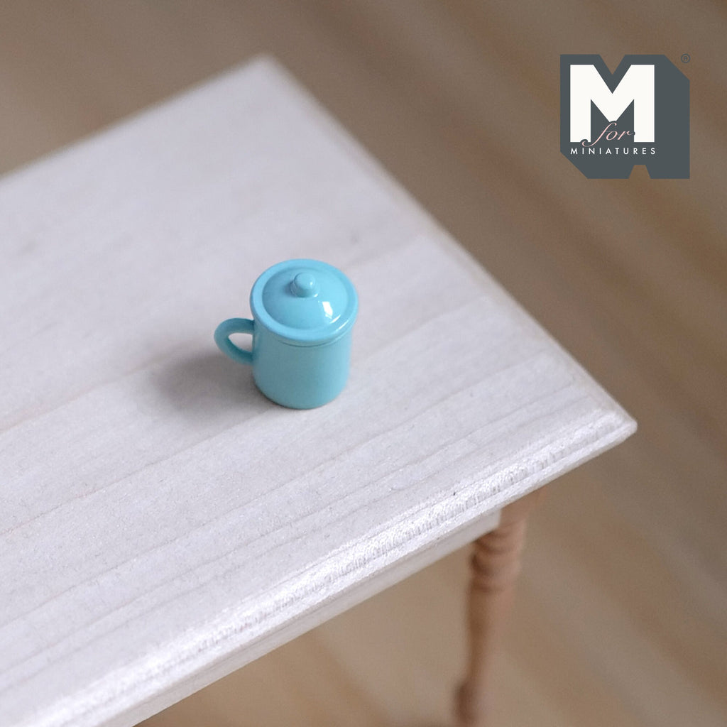 1:12 Scale Miniature Ceramic Tea Mug with Lid, 9/16 inch tall, DIY Dollhouse Supply (light blue)
