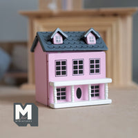 Dollhouse decoration miniature house with swing front wall and swing roof tiny house-in-a-house (dark pink)