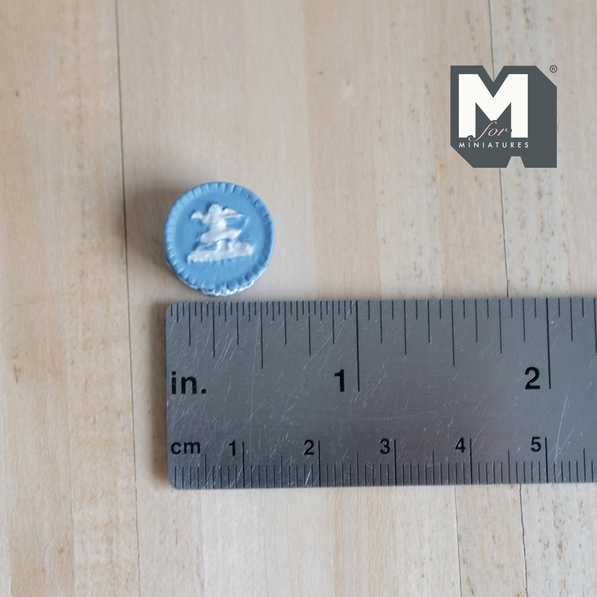 1:12 Scale Miniature Round Decoration Pot with Raised Relief Figures, 9/16 inch dia., DIY Dollhouse Supply (cast resin) (pale blue)