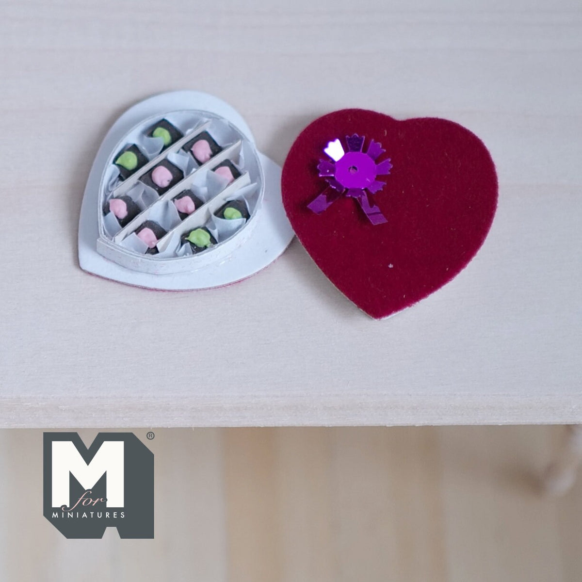 1:12 Scale Miniature Red Heart Shaped Box of Chocolates, 1-1/4 inch tall, DIY Dollhouse Supply (non edible)