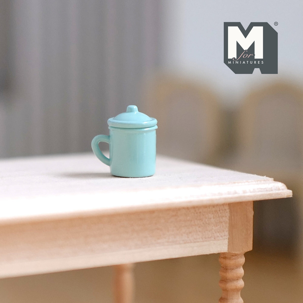 1:12 Scale Miniature Ceramic Tea Mug with Lid, 9/16 inch tall, DIY Dollhouse Supply (light blue)