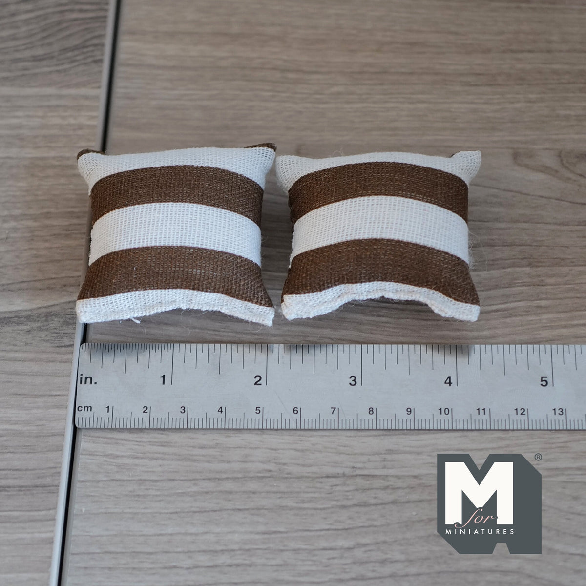 1:12 Scale Miniature Striped Square Cushions, Set of 2, 2 inch wide, DIY Dollhouse Supply (beige and brown)
