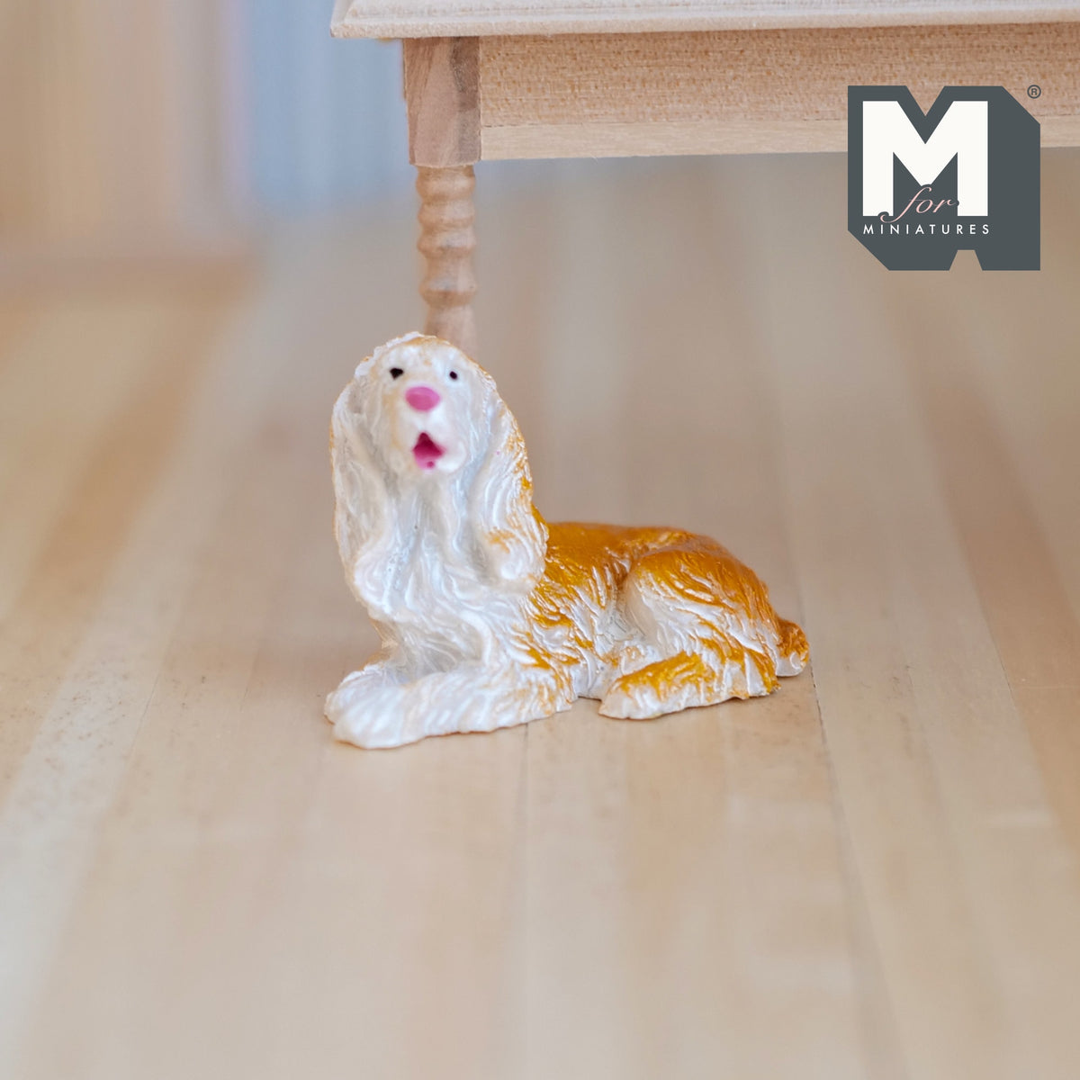 1:12 Scale Miniature Lying Cocker Spaniel Dog, White and Tan, 1-13/16 inch long, DIY Dollhouse Supply (cast resin)